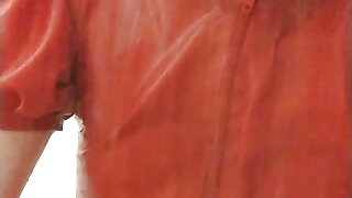 Shower undressing red latex hooded swing dress and stockings and transparent pants