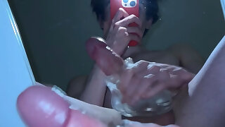 I'm Milking my Uncut Wet Dick and Squirt Cum on the mirror under me