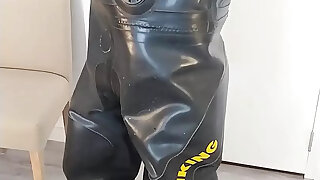 Undressing heavy rubber Viking drysuit dry diving suit, latex gasmask, neoprene hood