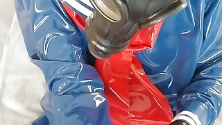 Breathplay masturbation in blue latex Japanese sailor uniform skirt and shirt, rubber maid stockings. Gasmask rebreathing
